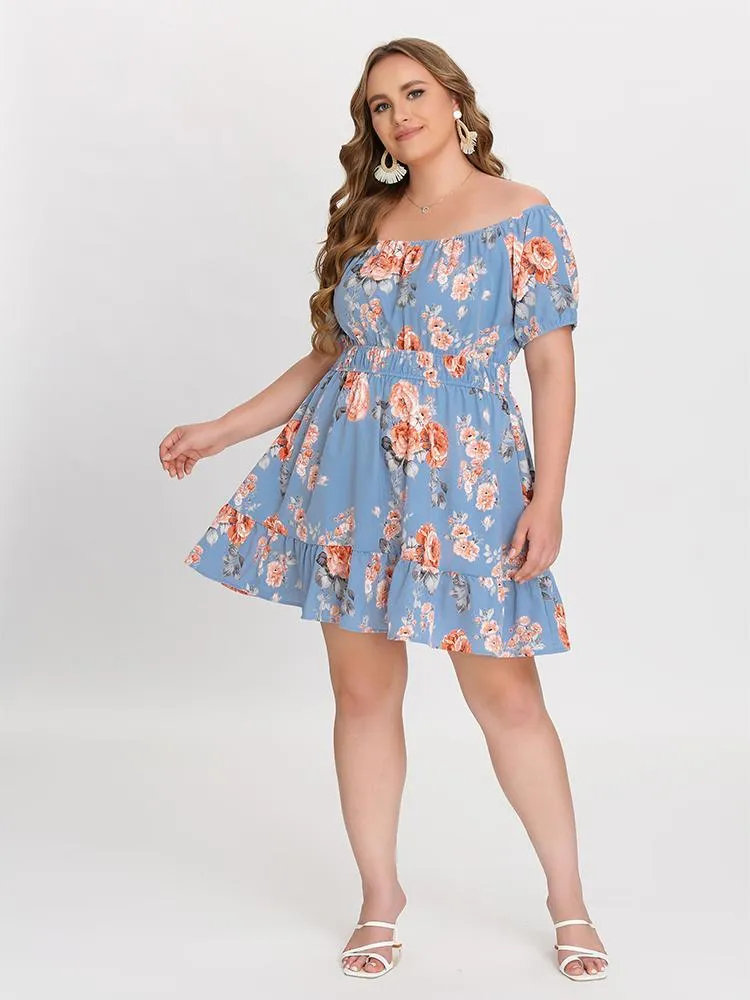 Floral Off Shoulder Shirred Dress