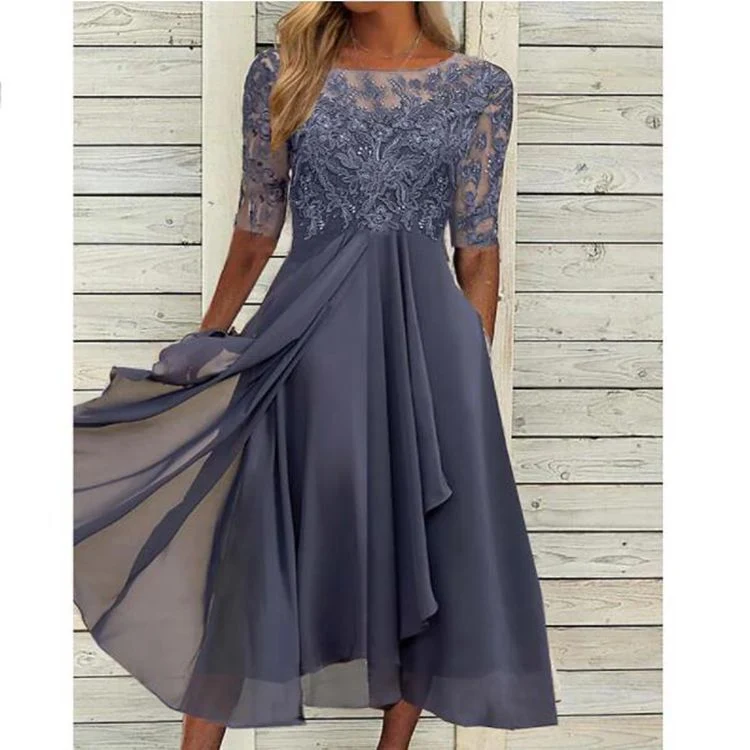 Robe midi chic en chiffon avec dentelle et manches
