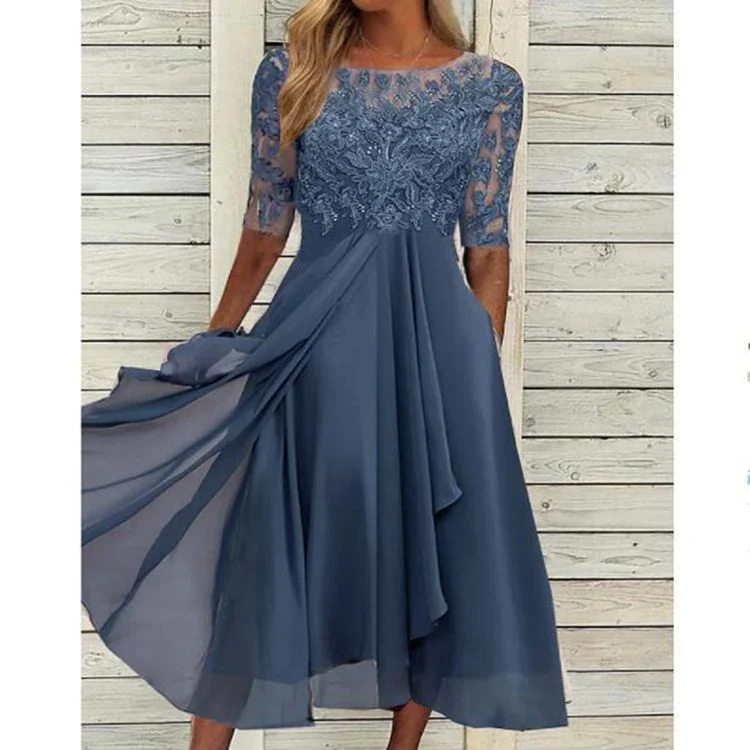 Robe midi chic en chiffon avec dentelle et manches