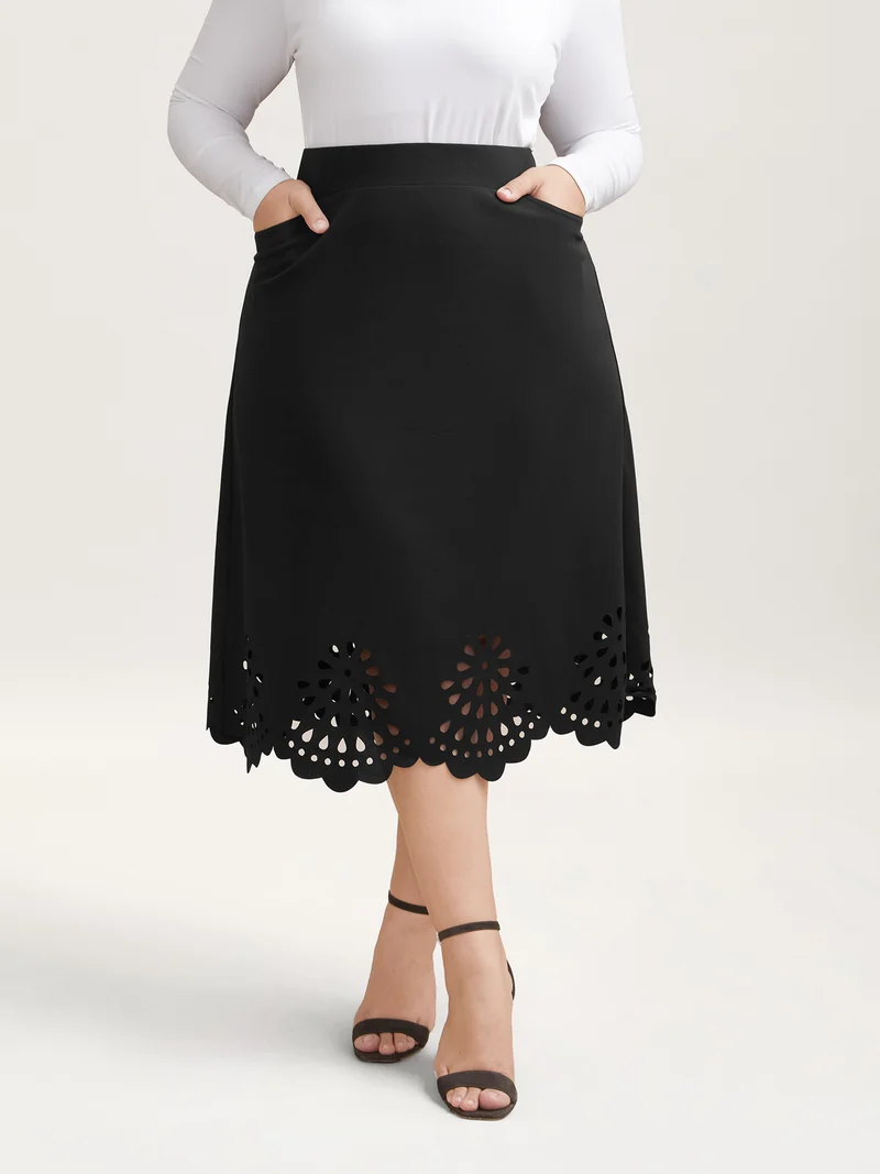 Laser Cut-Out Flared Midi Skirt