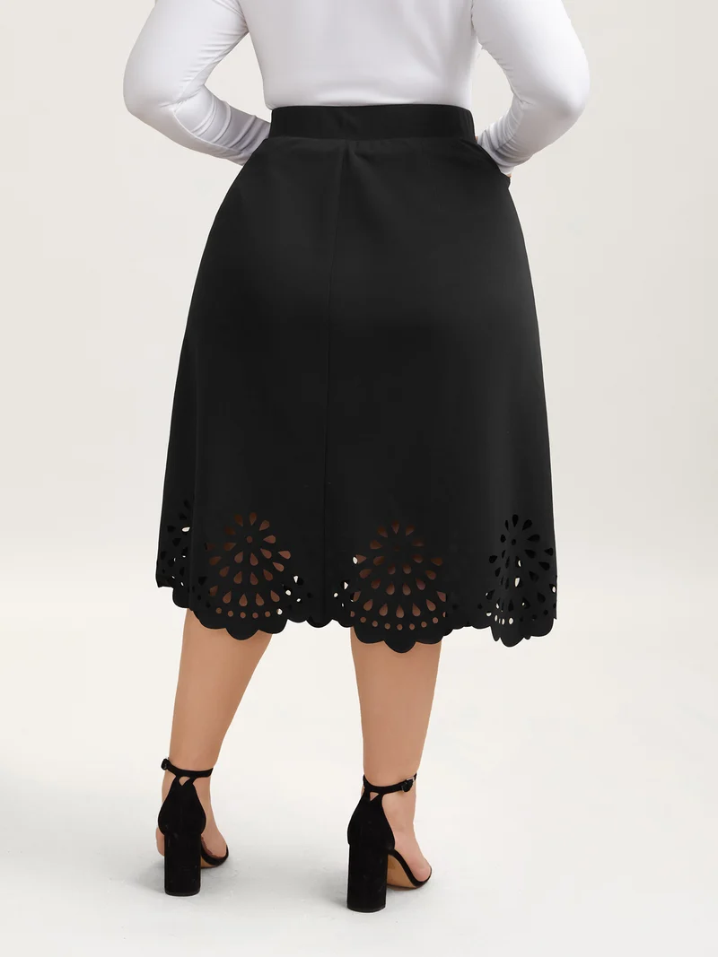 Laser Cut-Out Flared Midi Skirt