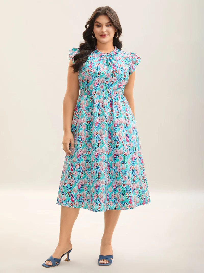 Floral Print Shirred Pockets Midi Dress