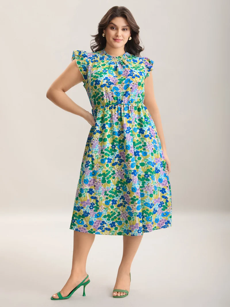 Floral Print Shirred Pockets Midi Dress