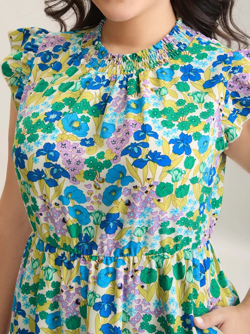 Floral Print Shirred Pockets Midi Dress