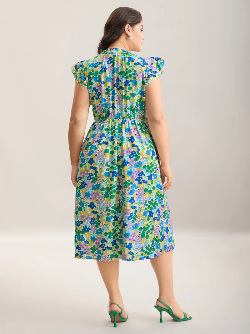 Floral Print Shirred Pockets Midi Dress