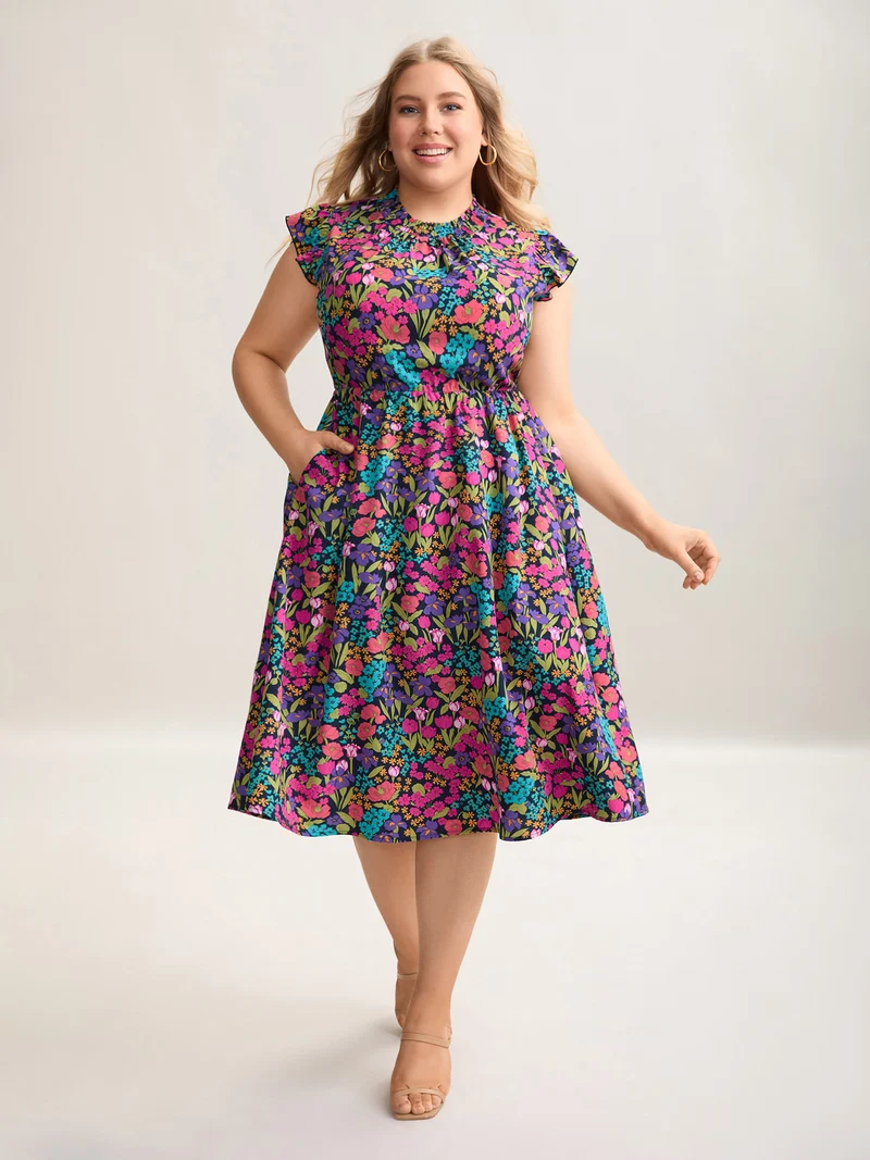 Floral Print Shirred Pockets Midi Dress