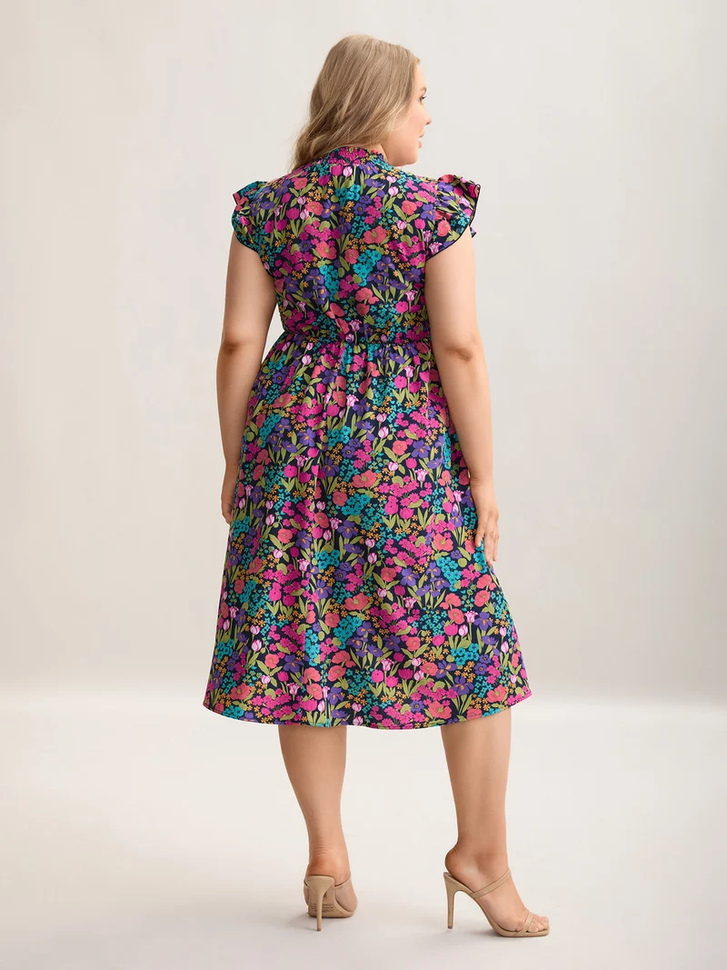 Floral Print Shirred Pockets Midi Dress