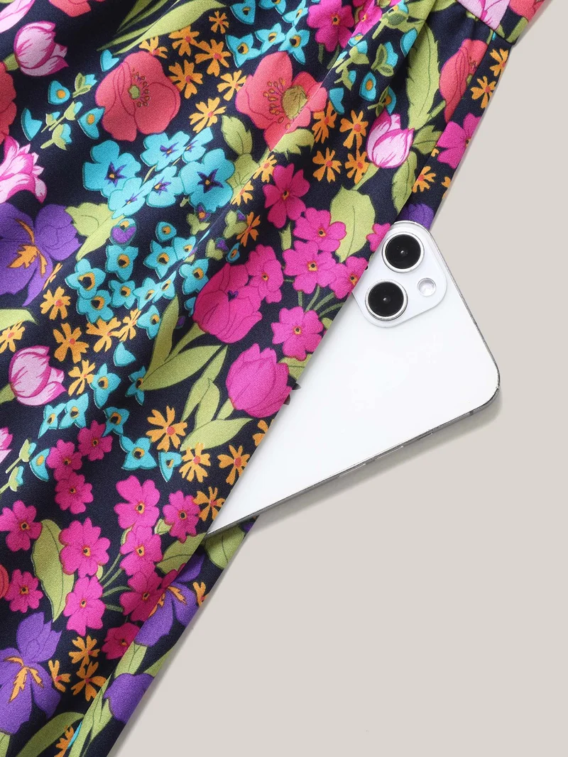 Floral Print Shirred Pockets Midi Dress