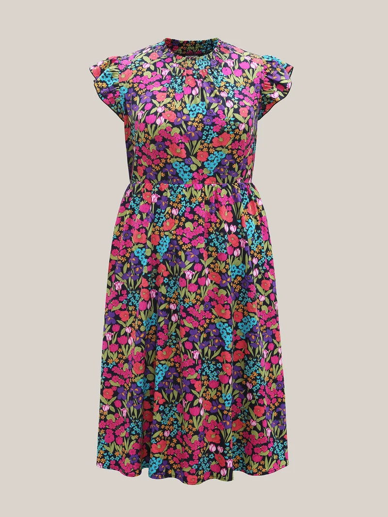 Floral Print Shirred Pockets Midi Dress