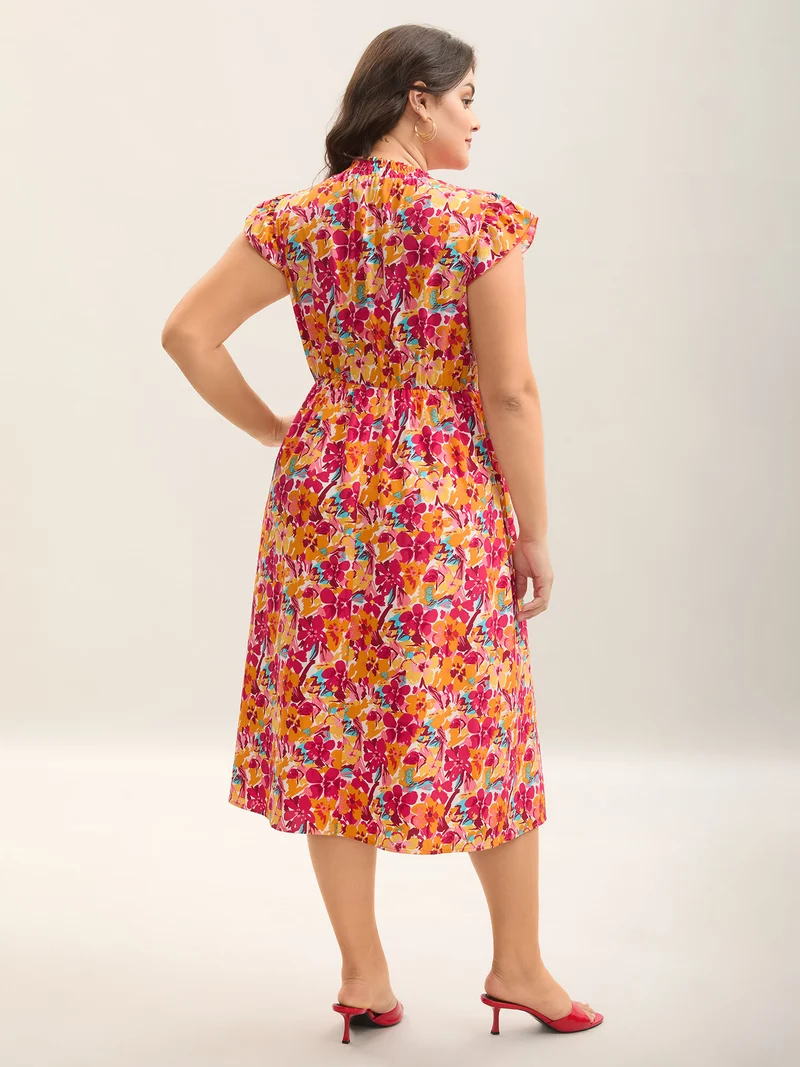 Floral Print Shirred Pockets Midi Dress