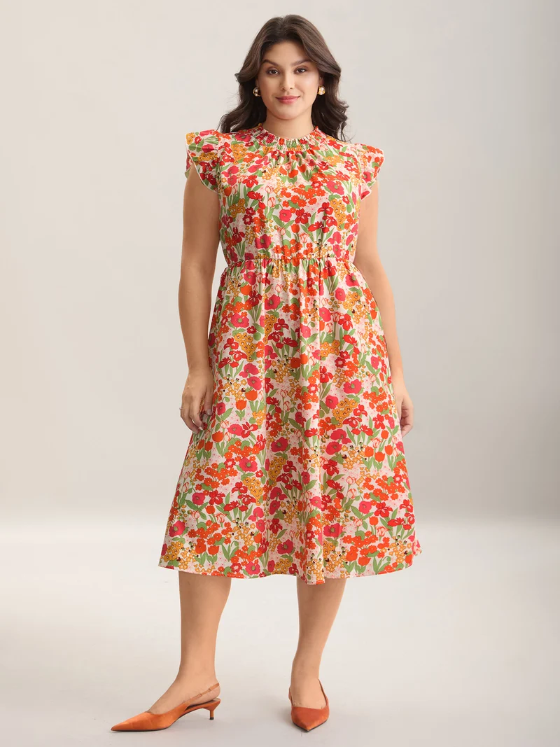 Floral Print Shirred Pockets Midi Dress