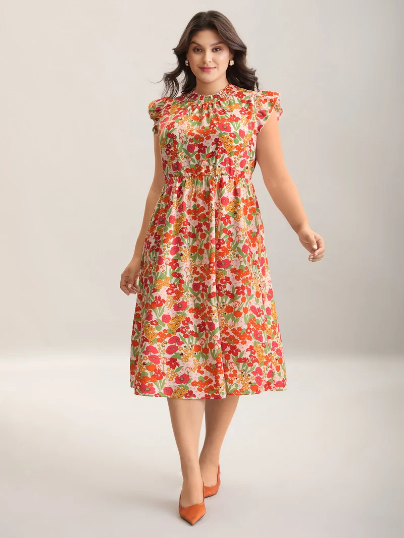 Floral Print Shirred Pockets Midi Dress