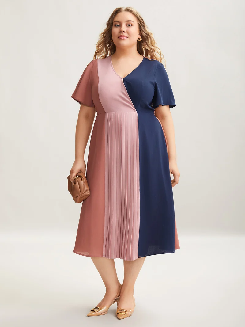 Color Block Pleated Waist-Cinched Midi Dress