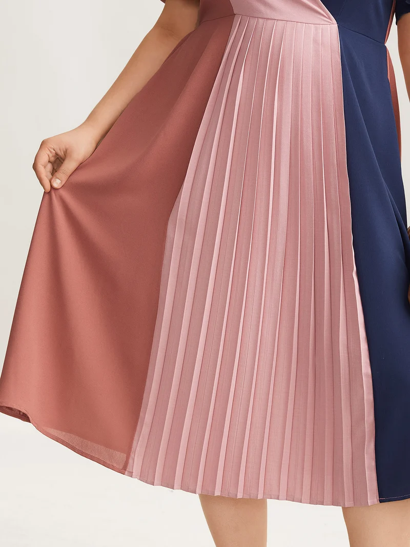 Color Block Pleated Waist-Cinched Midi Dress