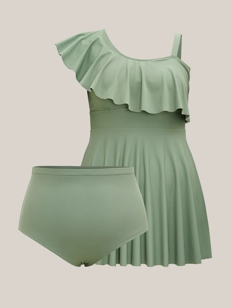 Ruffled One-Shoulder Waist-Cinched Swim Dress