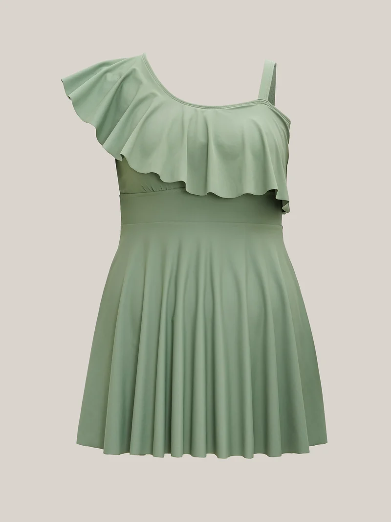 Ruffled One-Shoulder Waist-Cinched Swim Dress