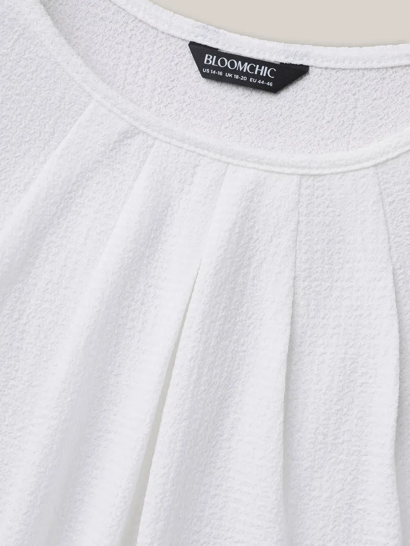 Stretchy Textured Pleated Round Neck T-Shirt