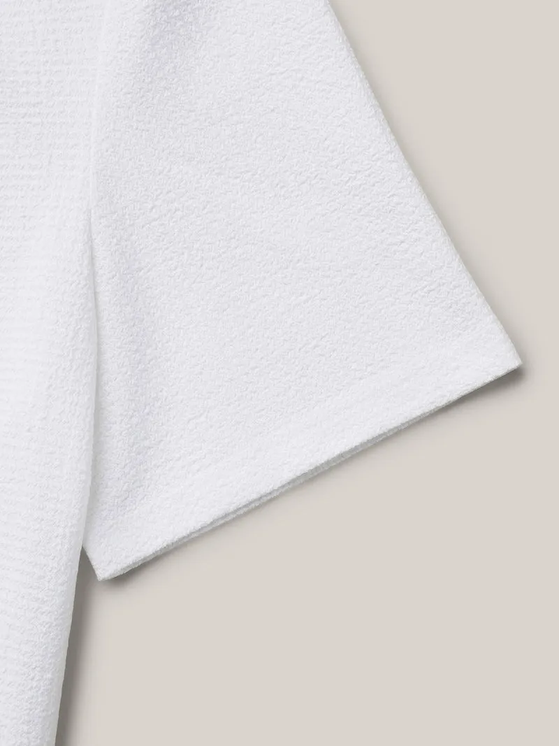 Stretchy Textured Pleated Round Neck T-Shirt