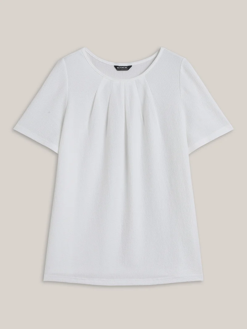 Stretchy Textured Pleated Round Neck T-Shirt