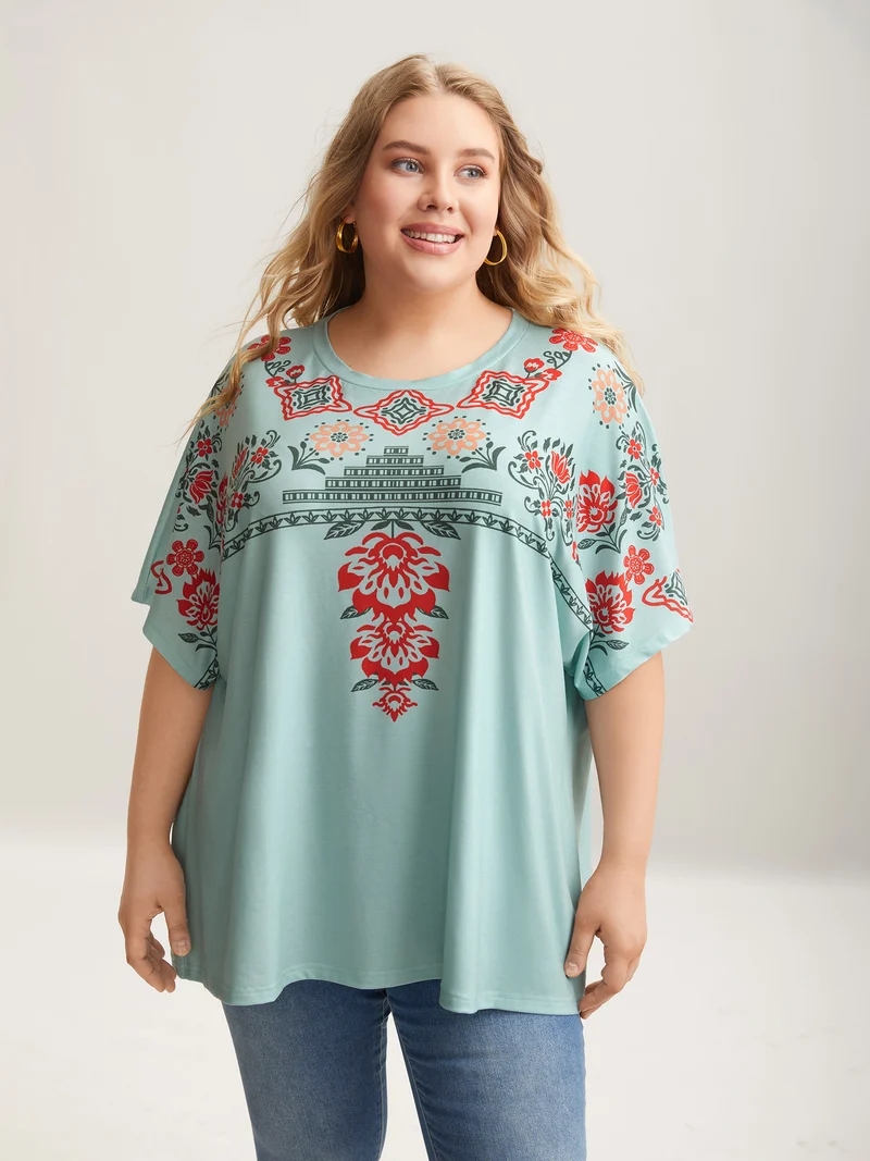 Boho Print Stretchy Half Sleeve T-Shirt