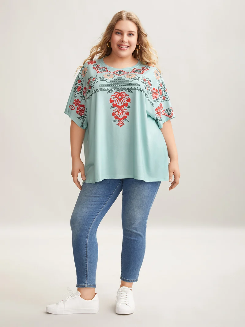 Boho Print Stretchy Half Sleeve T-Shirt