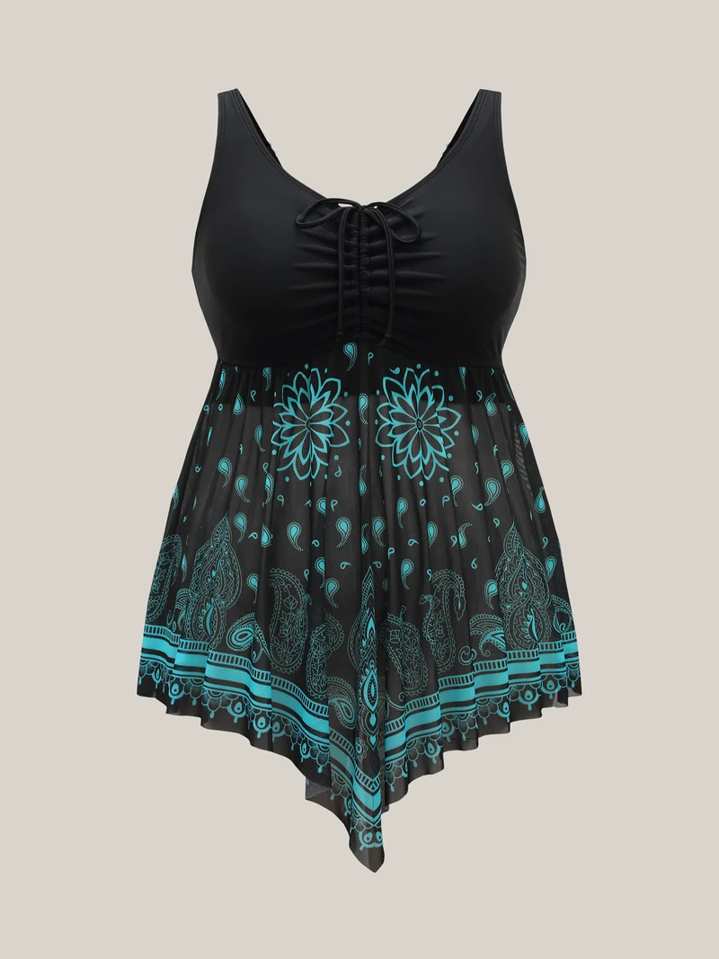 Paisley Print Handkerchief Hem Drawstring Swim Top