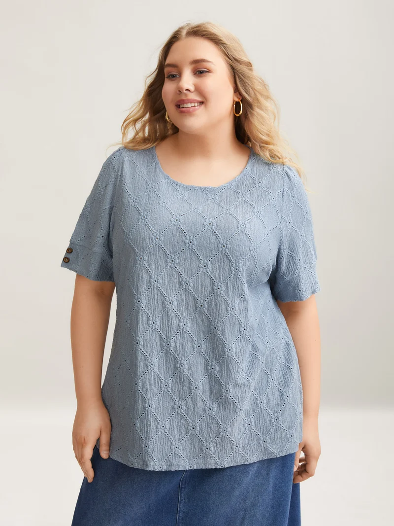 Textured Puffy Sleeve Buttons T-Shirt