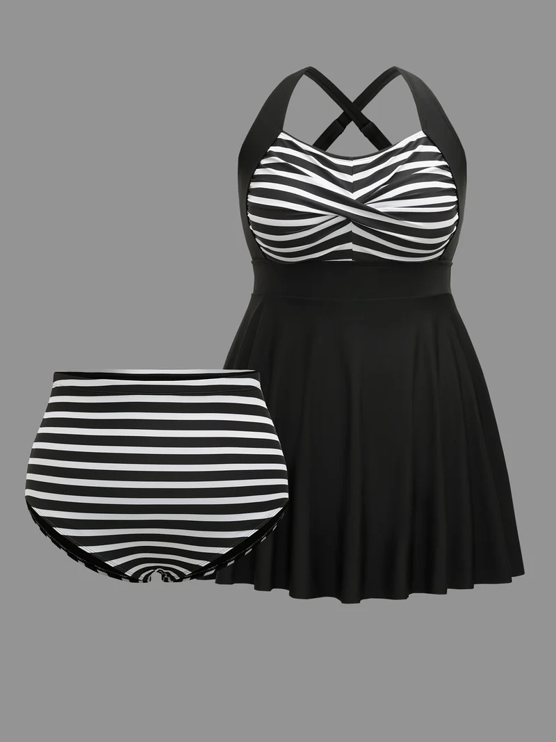 Striped Twist Front Patchwork Swim Dress