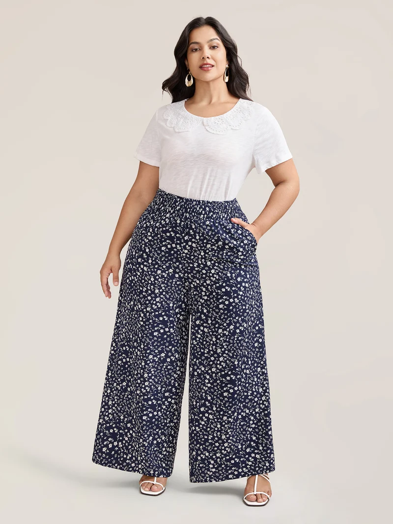 Ditsy Floral Print Shirred Wide-Leg Pants