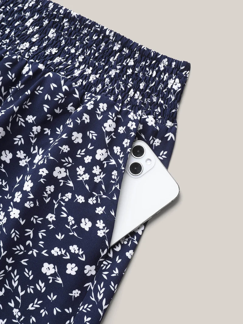Ditsy Floral Print Shirred Wide-Leg Pants