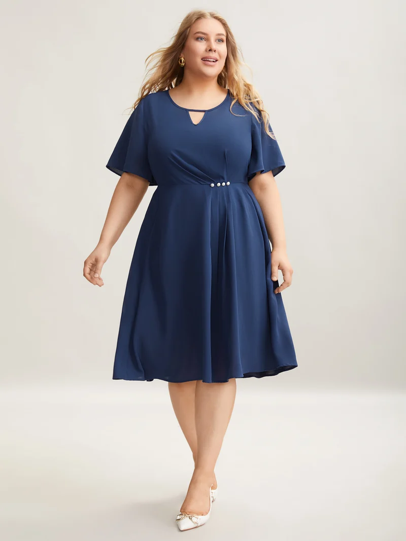 Neck Cut-Out Pearl Button Pleated Dress