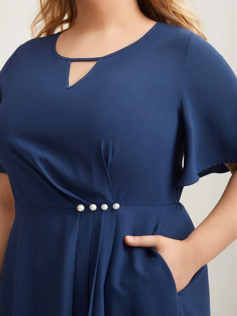 Neck Cut-Out Pearl Button Pleated Dress