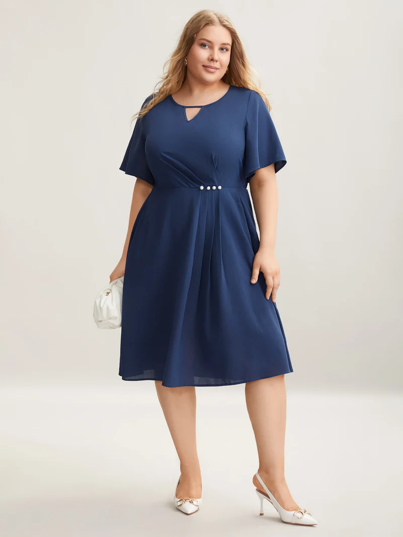 Neck Cut-Out Pearl Button Pleated Dress