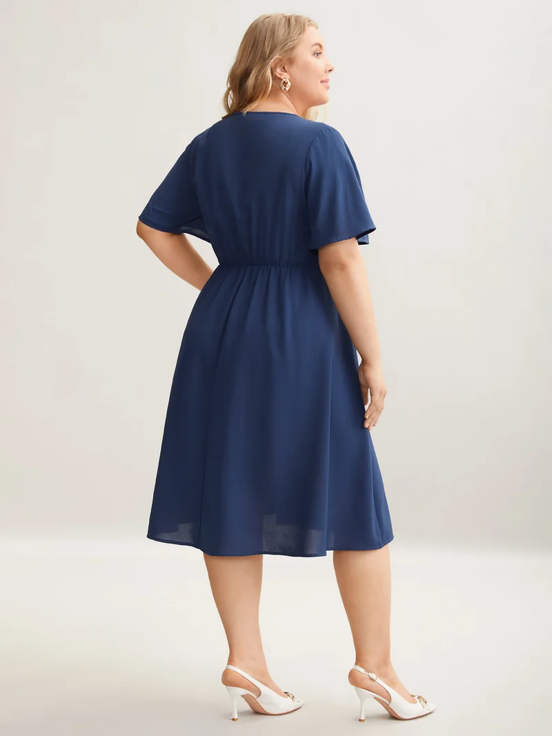 Neck Cut-Out Pearl Button Pleated Dress