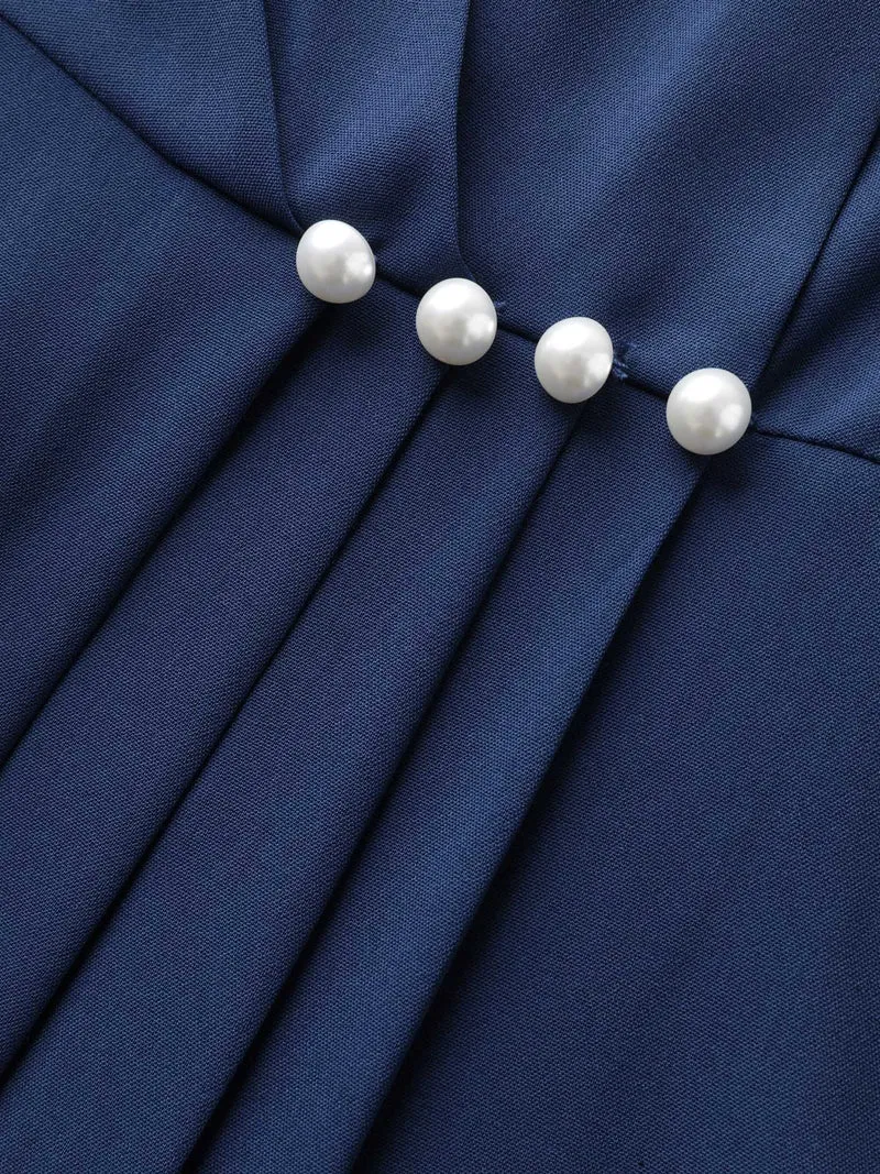 Neck Cut-Out Pearl Button Pleated Dress