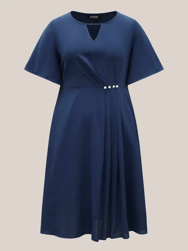 Neck Cut-Out Pearl Button Pleated Dress