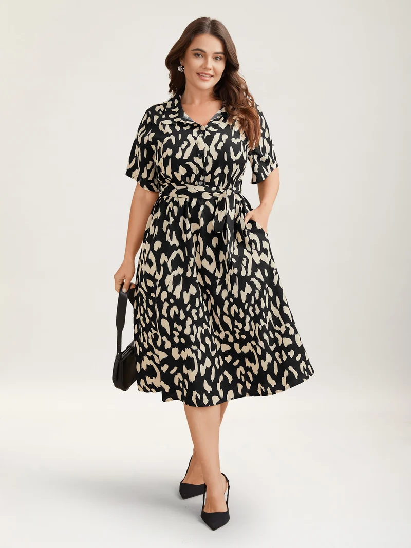 Waist-Tie Pockets Shirt Collar Midi Dress