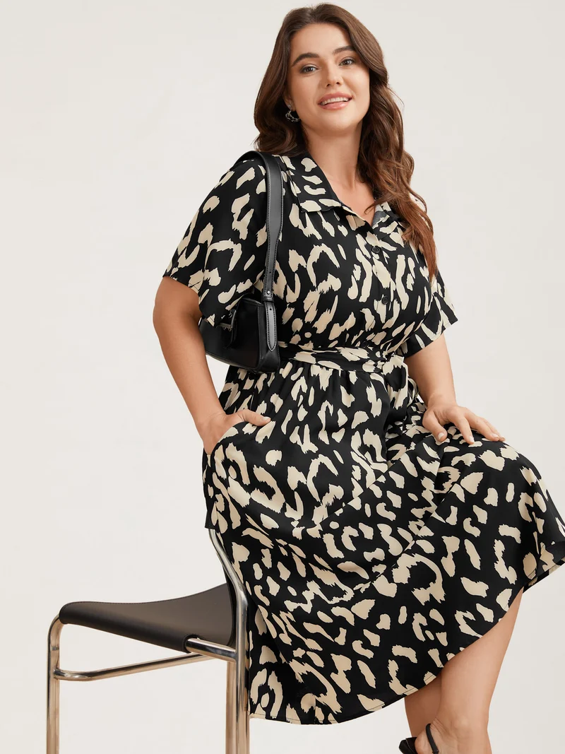 Waist-Tie Pockets Shirt Collar Midi Dress