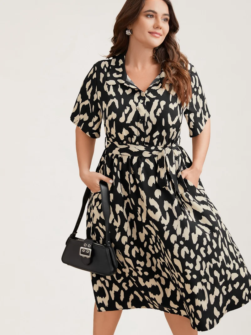 Waist-Tie Pockets Shirt Collar Midi Dress