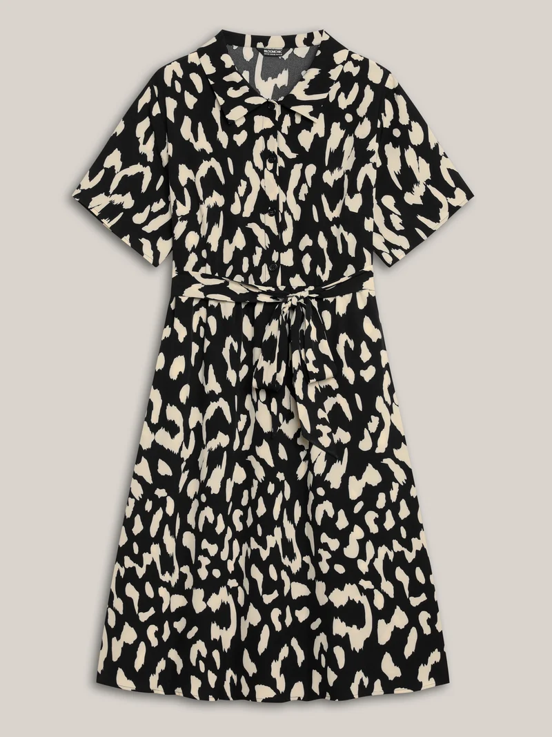 Waist-Tie Pockets Shirt Collar Midi Dress