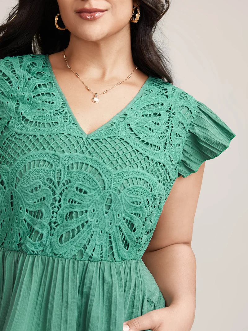 Lace Cut-Out Flutter Sleeve Midi Dress