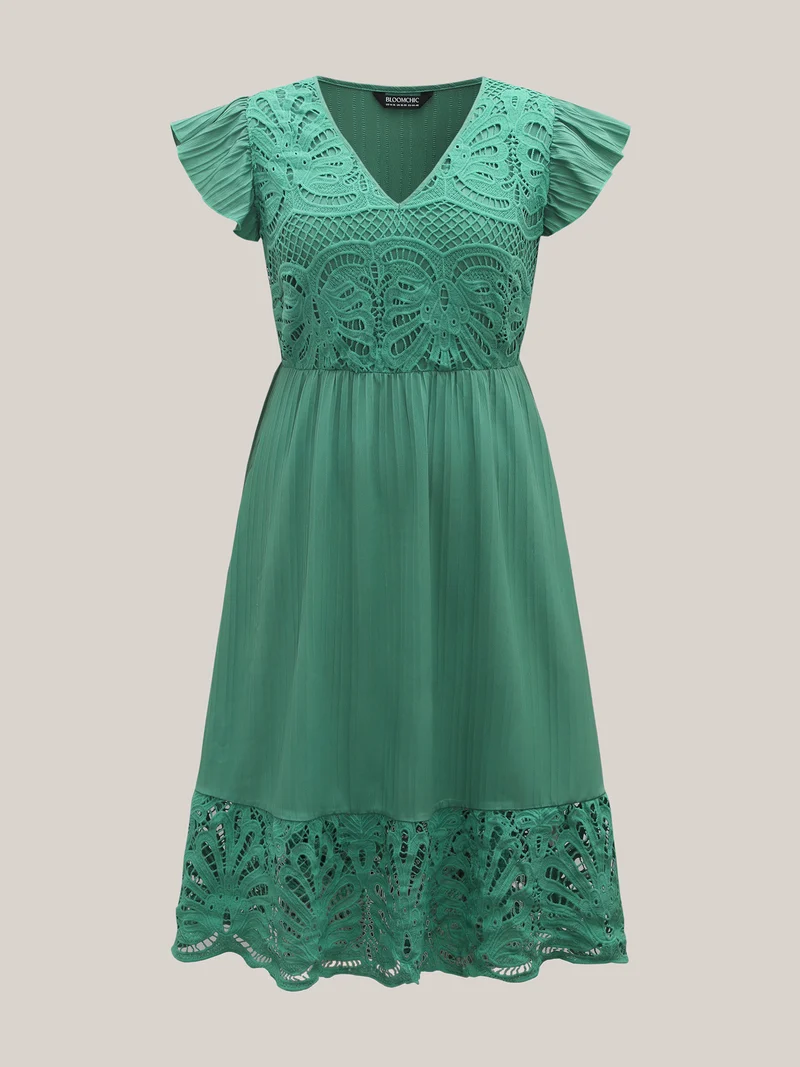 Lace Cut-Out Flutter Sleeve Midi Dress
