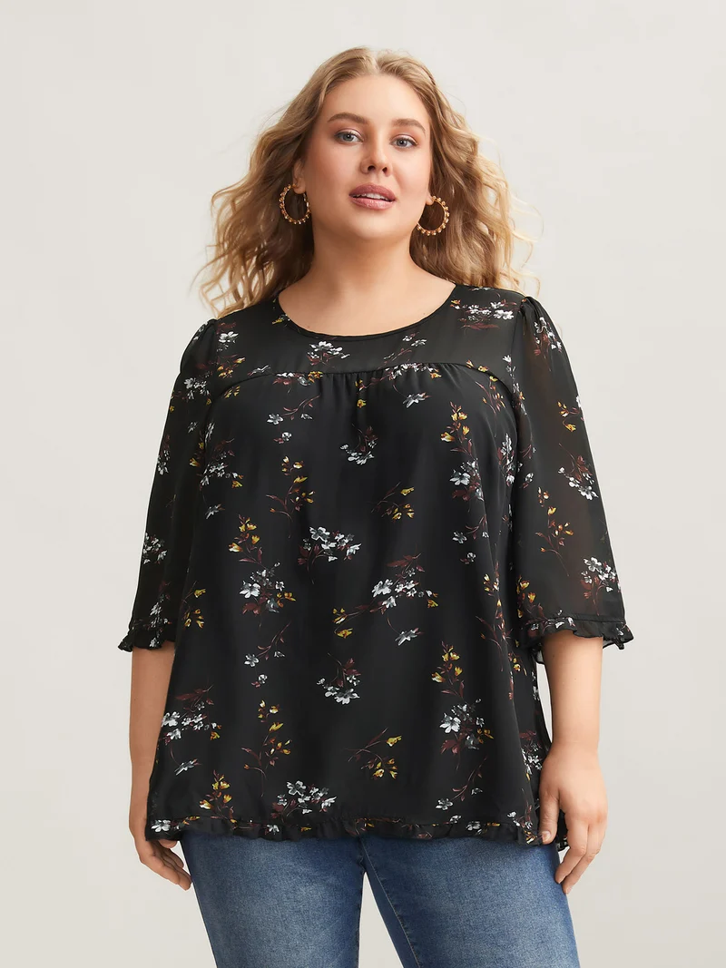 Floral Print Sheer Ruffled Trim Sleeve Shirt