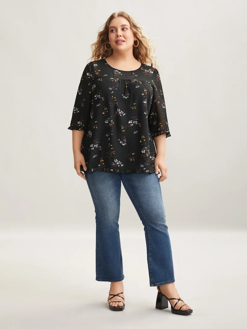 Floral Print Sheer Ruffled Trim Sleeve Shirt