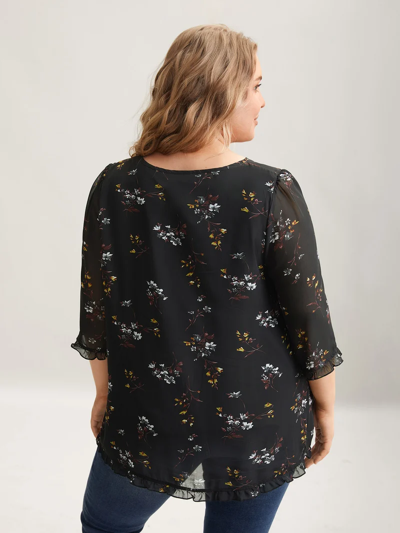 Floral Print Sheer Ruffled Trim Sleeve Shirt