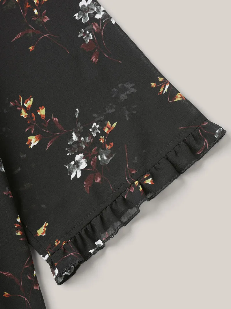 Floral Print Sheer Ruffled Trim Sleeve Shirt