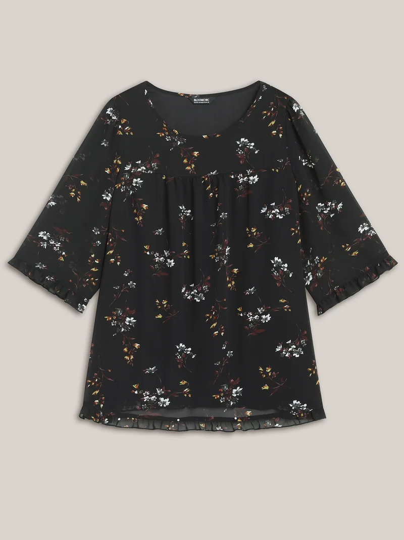Floral Print Sheer Ruffled Trim Sleeve Shirt