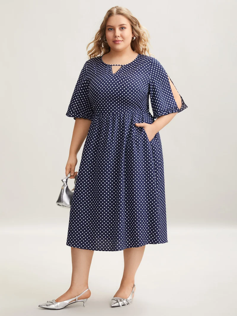 Polka Dot Print Slit Sleeve Pockets Midi Dress