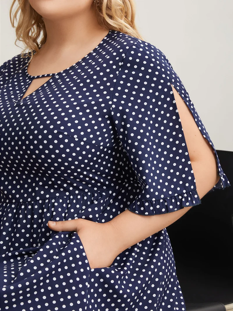 Polka Dot Print Slit Sleeve Pockets Midi Dress