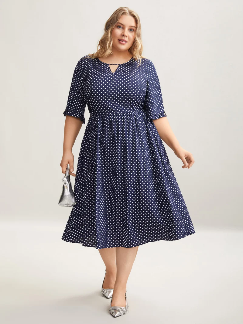 Polka Dot Print Slit Sleeve Pockets Midi Dress